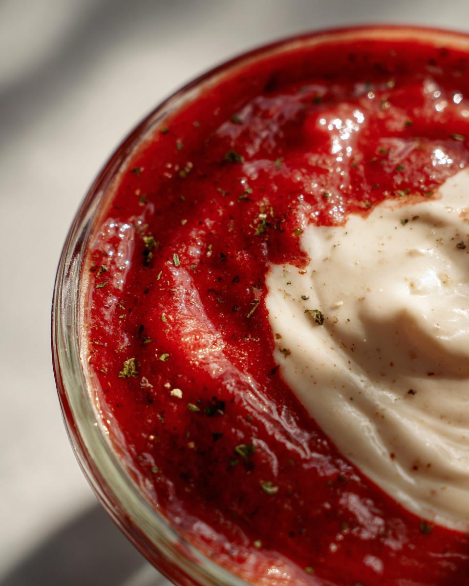 Close-up of red and white easy homemade sauces with herbs in a glass bowl.