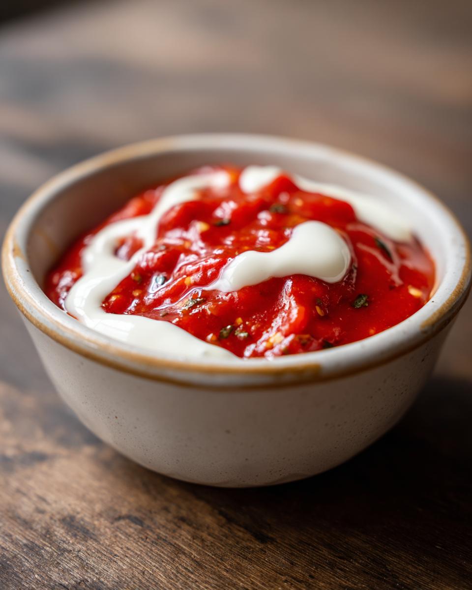 Small bowl filled with red tomato-based easy homemade sauces topped with white creamy sauce.