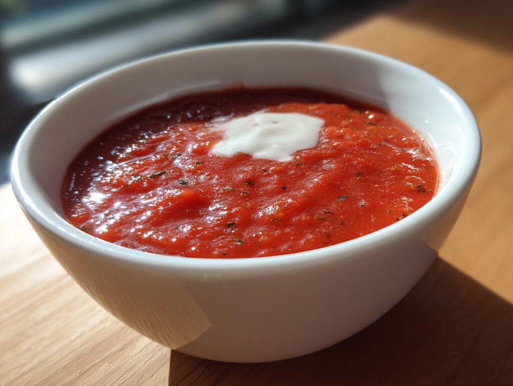 White bowl filled with red tomato easy homemade sauces topped with a dollop of cream.