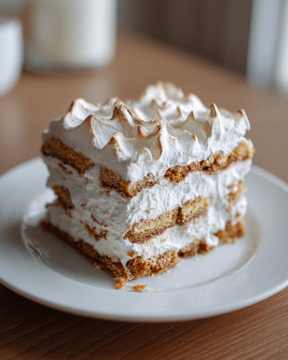 Close-up of a slice of easy icebox cake with layers of whipped cream and graham crackers.