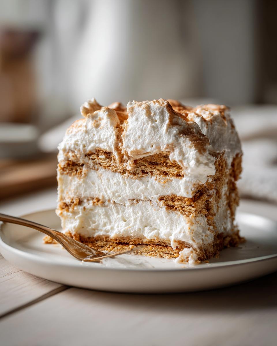 Close-up of a slice of easy icebox cake with creamy whipped layers and graham cracker crust on a plate.