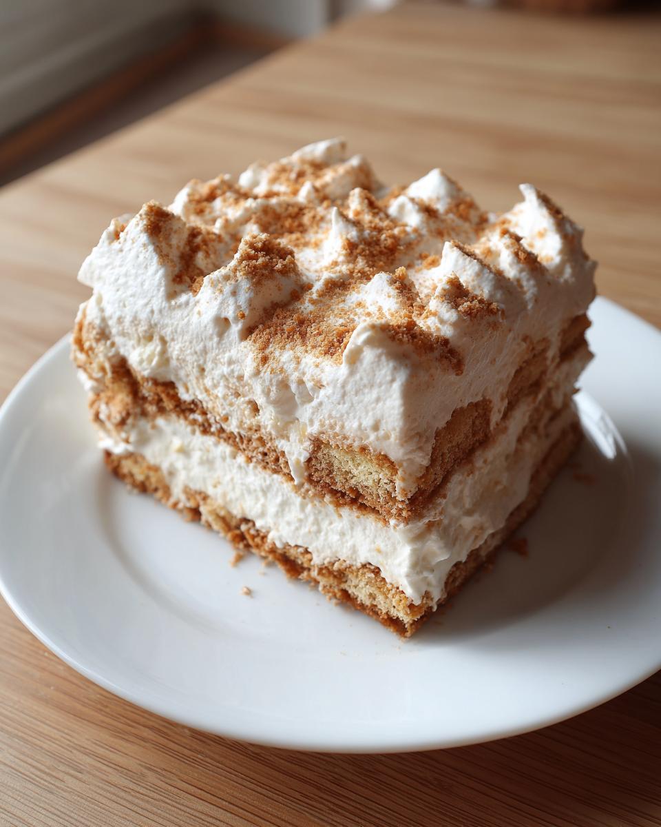 Close-up of a slice of easy icebox cake with layers of whipped cream and graham crackers on a white plate.