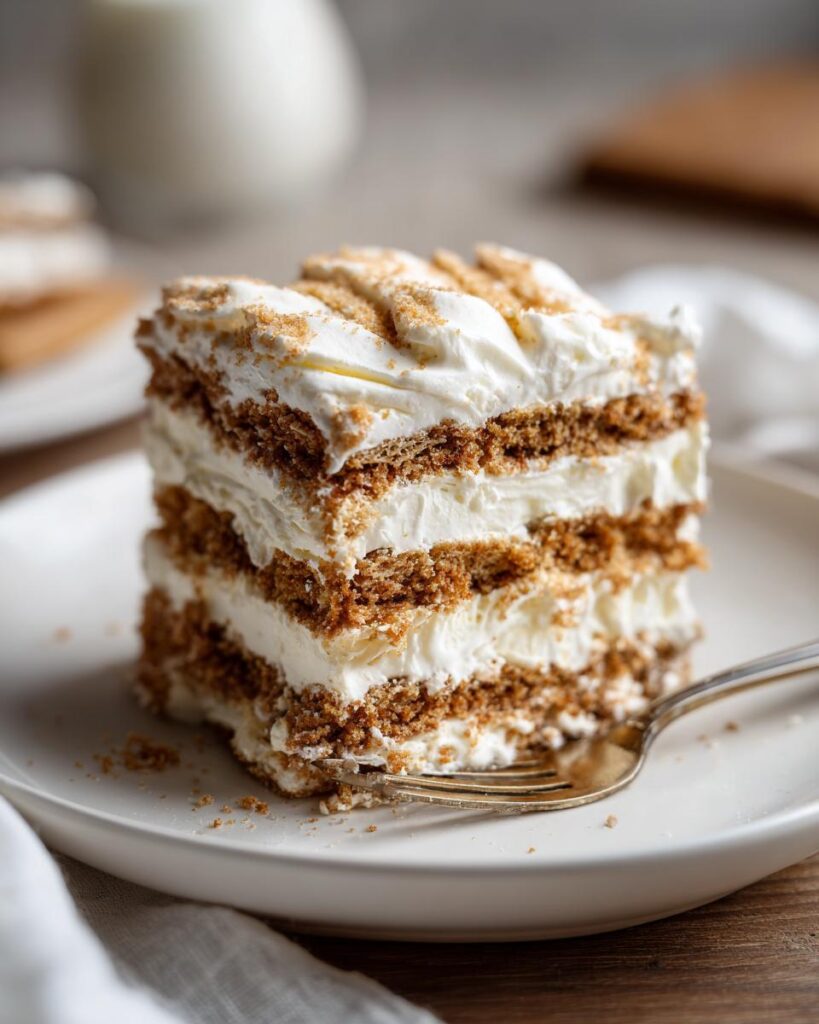 Close-up of a slice of easy icebox cake with creamy whipped layers and graham cracker crust.