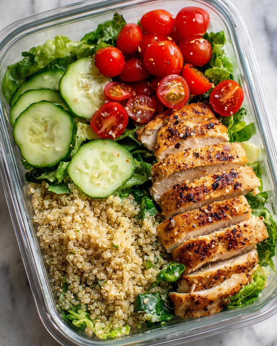 Glass container with easy meal prep lunches featuring grilled chicken, quinoa, cherry tomatoes, cucumber, and lettuce.