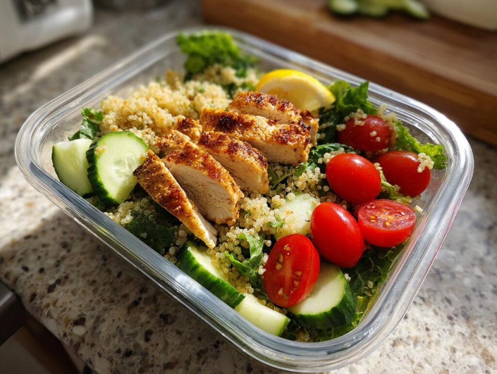 Glass container with easy meal prep lunches featuring grilled chicken, quinoa, cucumber, cherry tomatoes, and greens.