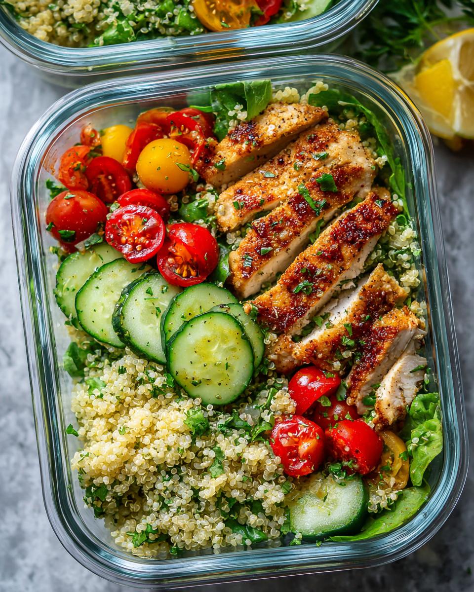 Glass container with easy meal prep lunches featuring grilled chicken, quinoa, cucumber, and cherry tomatoes.