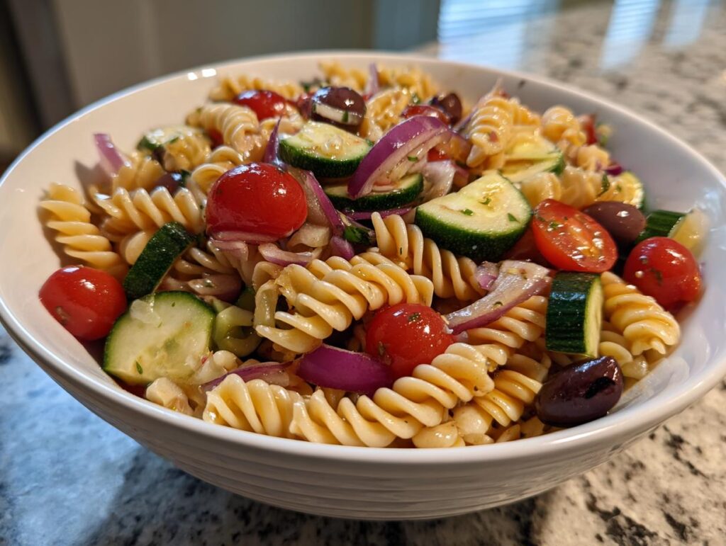Bowl of easy pasta salads with rotini pasta, cherry tomatoes, zucchini, red onion, and olives.
