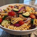 Bowl of easy pasta salads with rotini pasta, cherry tomatoes, zucchini, red onion, and olives.