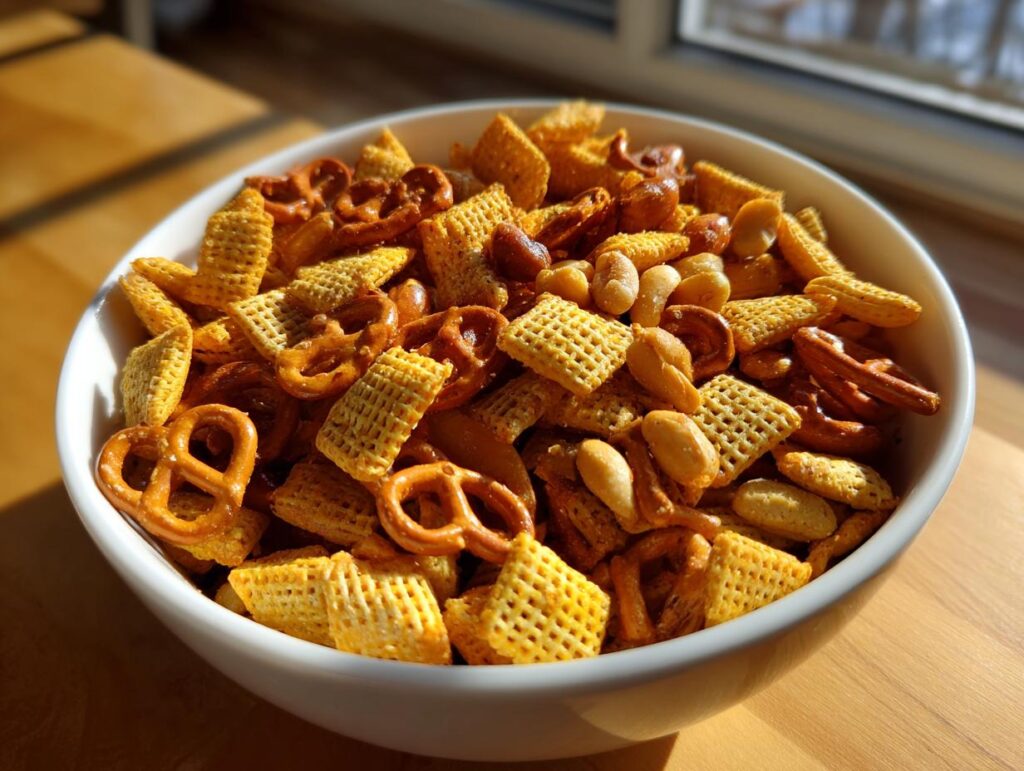 White bowl filled with easy snack mix recipes including pretzels, nuts, and cereal pieces on wooden table