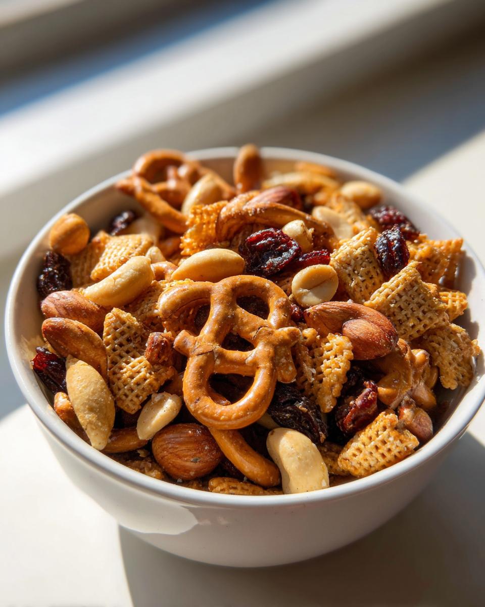 Close-up of a bowl filled with easy snack mix recipes including pretzels, nuts, dried cranberries, and cereal pieces.