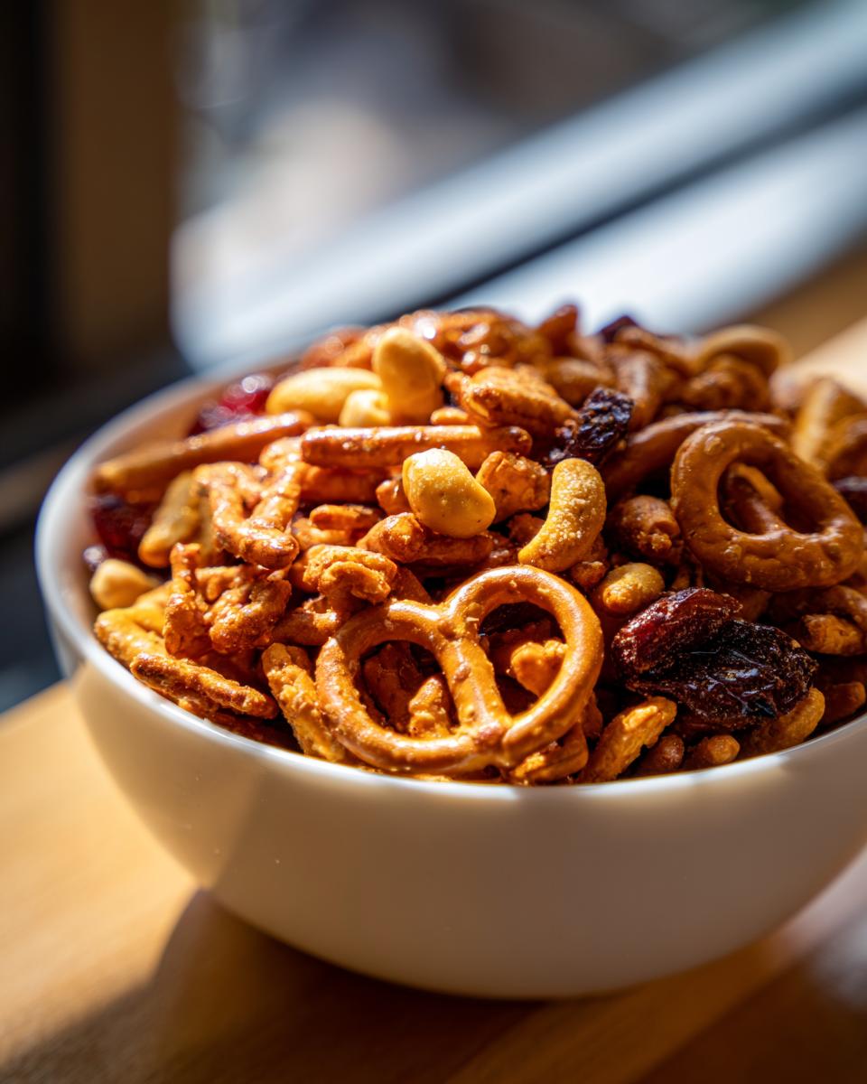 Close-up of a bowl filled with a crunchy snack mix including pretzels, nuts, and dried fruit.