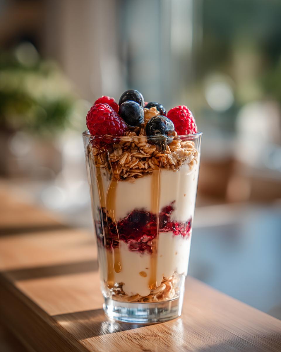 Glass of easy spring desserts yogurt parfait layered with granola, berries, and honey drizzle.