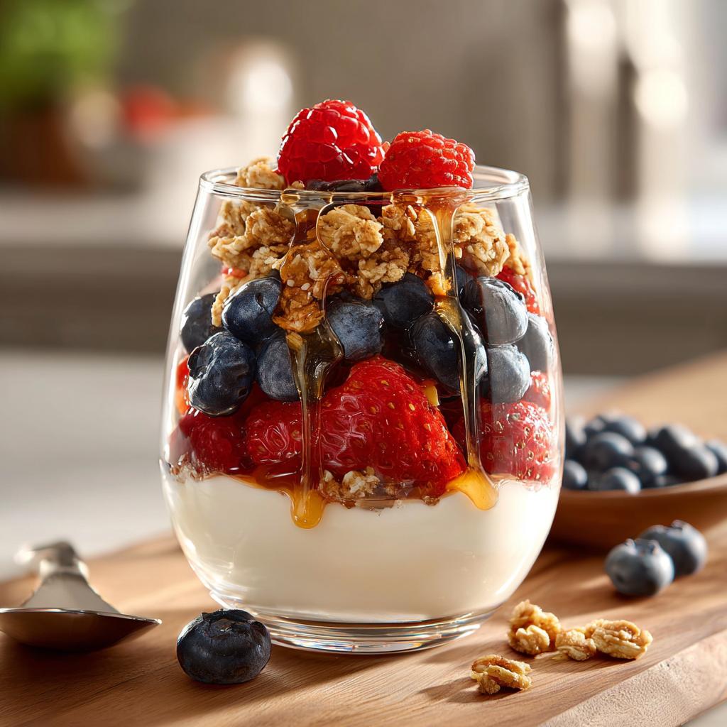 Glass of easy spring desserts yogurt parfait layered with strawberries, blueberries, granola, and honey drizzle.