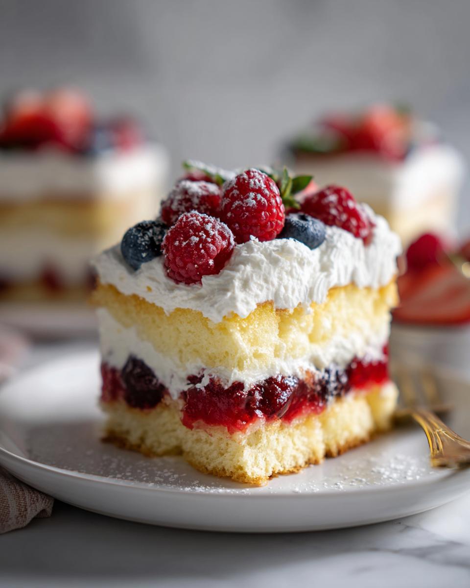 Slice of easy trifle recipes with whipped cream, sponge cake, berry jam, and fresh berries on top
