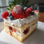 Close-up of a slice of easy trifle recipes with whipped cream, strawberries, blueberries, and raspberries.