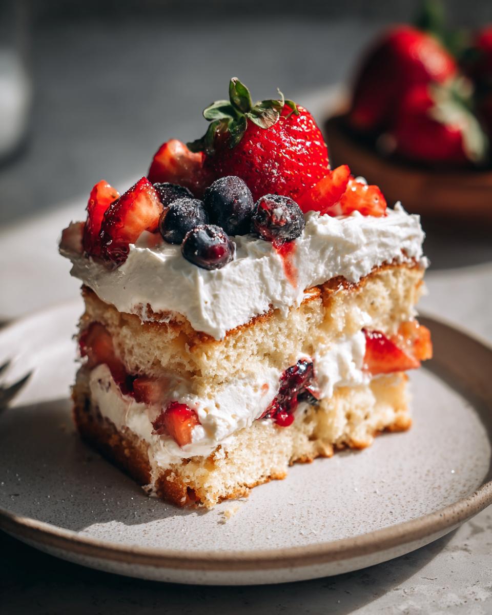 Slice of easy trifle recipes with whipped cream, strawberries, and blueberries on a plate