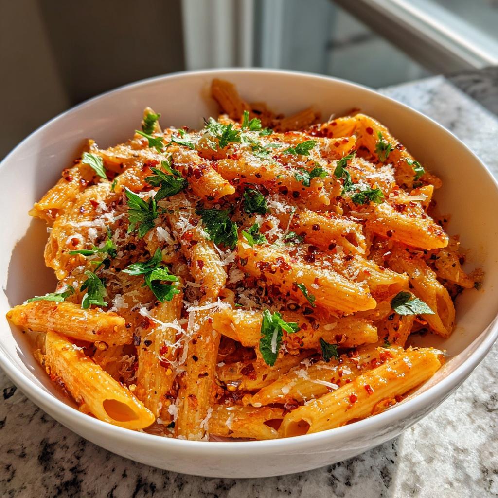 Bowl of easy vegetarian pasta with red sauce, herbs, and grated cheese on top.