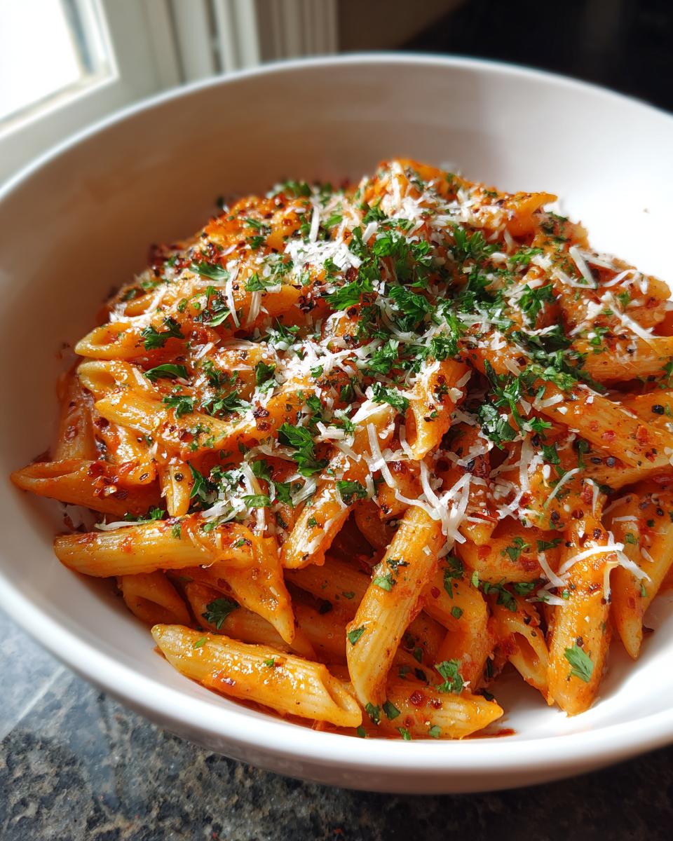 Bowl of easy vegetarian pasta with tomato sauce, grated cheese, and fresh herbs.