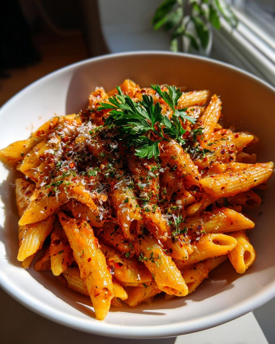 Bowl of easy vegetarian recipes penne pasta with tomato sauce, herbs, and grated cheese.