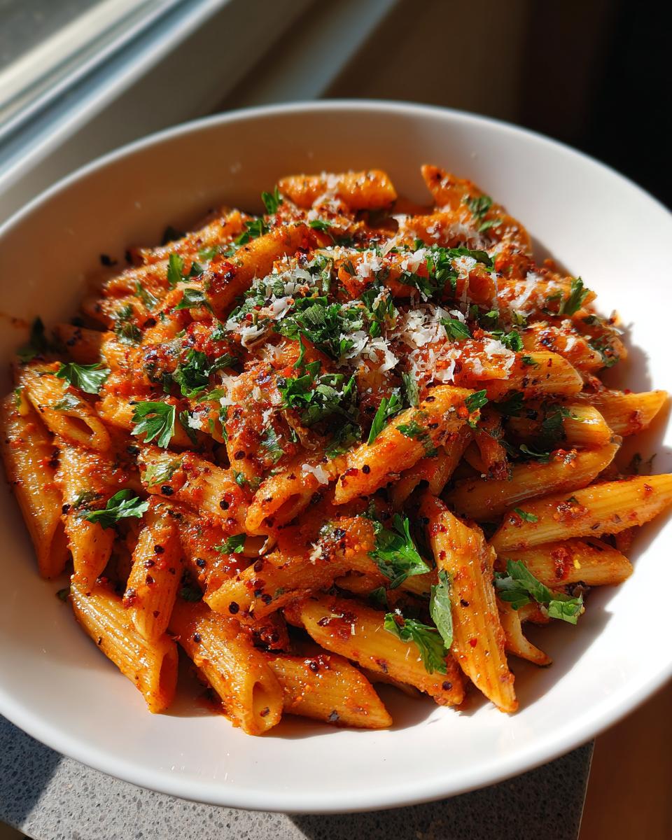 Bowl of easy vegetarian recipes pasta with tomato sauce, herbs, and grated cheese