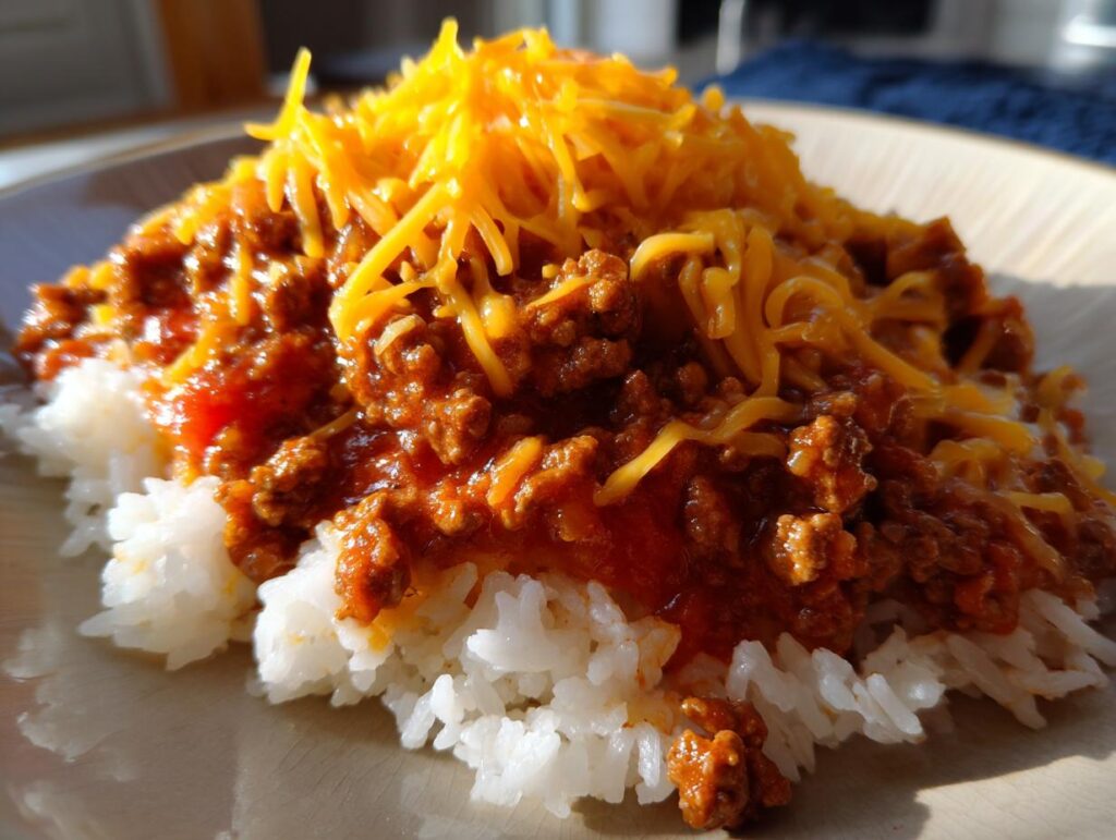 Plate of ground beef chili topped with shredded cheddar cheese over white rice for family friendly dinner recipes