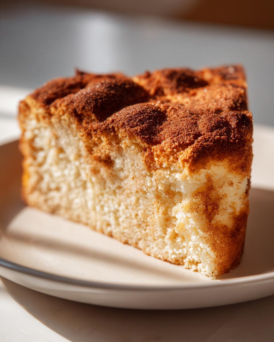 Close-up of a fluffy cake slice with cinnamon topping on a white plate for April holiday dessert recipes