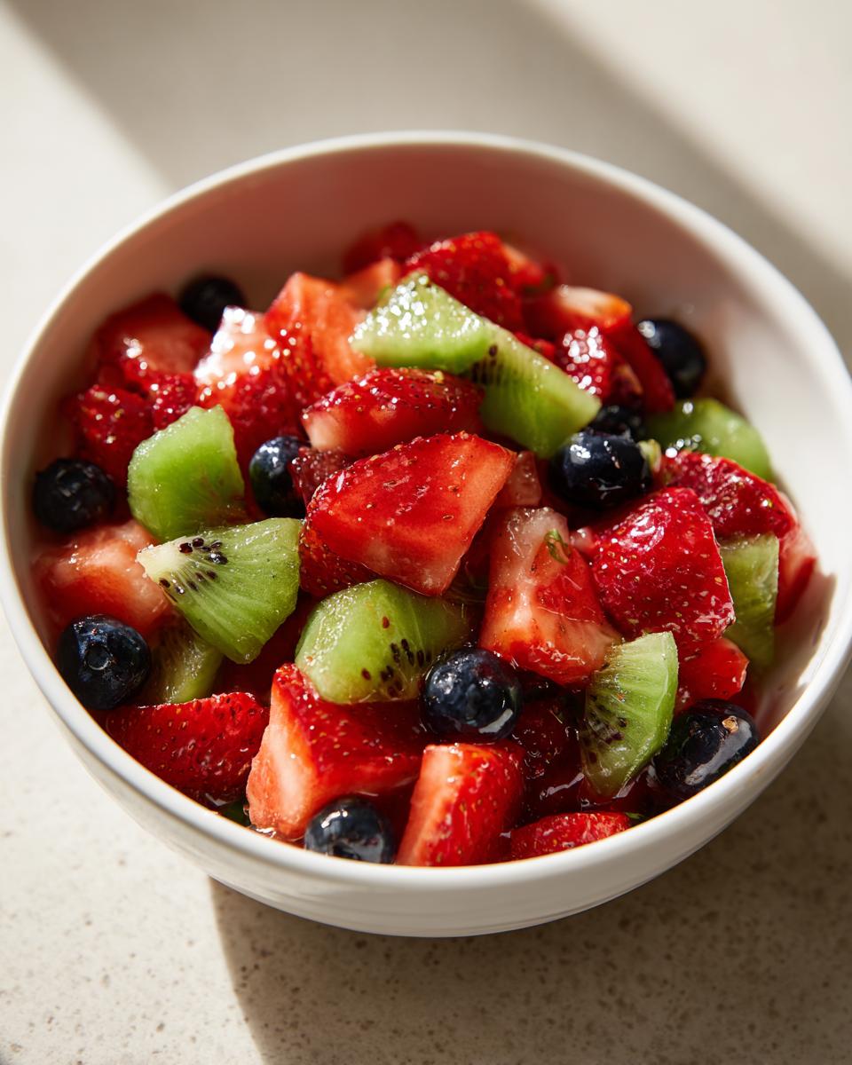 Bowl of fresh fruit salad with strawberries, kiwi, and blueberries for fruit dessert recipes