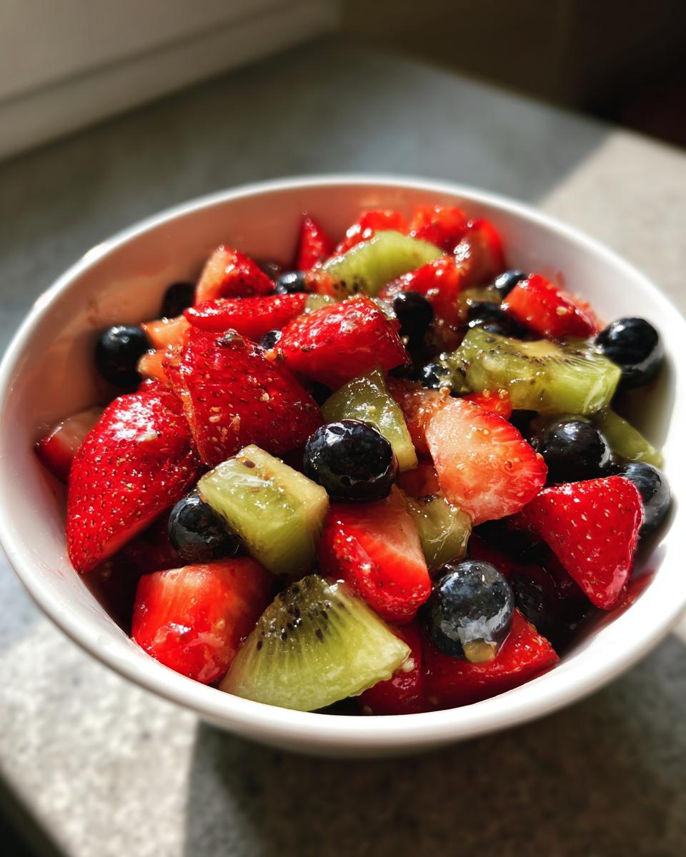 Bowl of fresh fruit salad with strawberries, kiwi, and blueberries for fruit dessert recipes