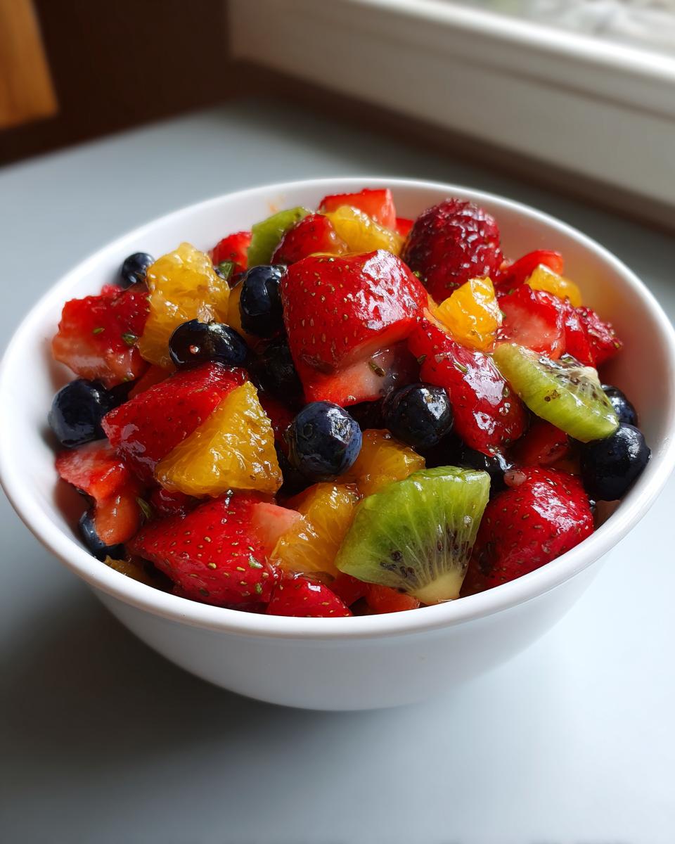 A white bowl filled with fresh fruit salad including strawberries, blueberries, kiwi, and orange pieces for fruit dessert recipes.