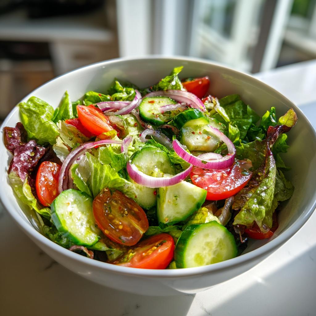 Bowl of fresh salad with lettuce, cucumber, cherry tomatoes, and red onion for easy salad recipes.