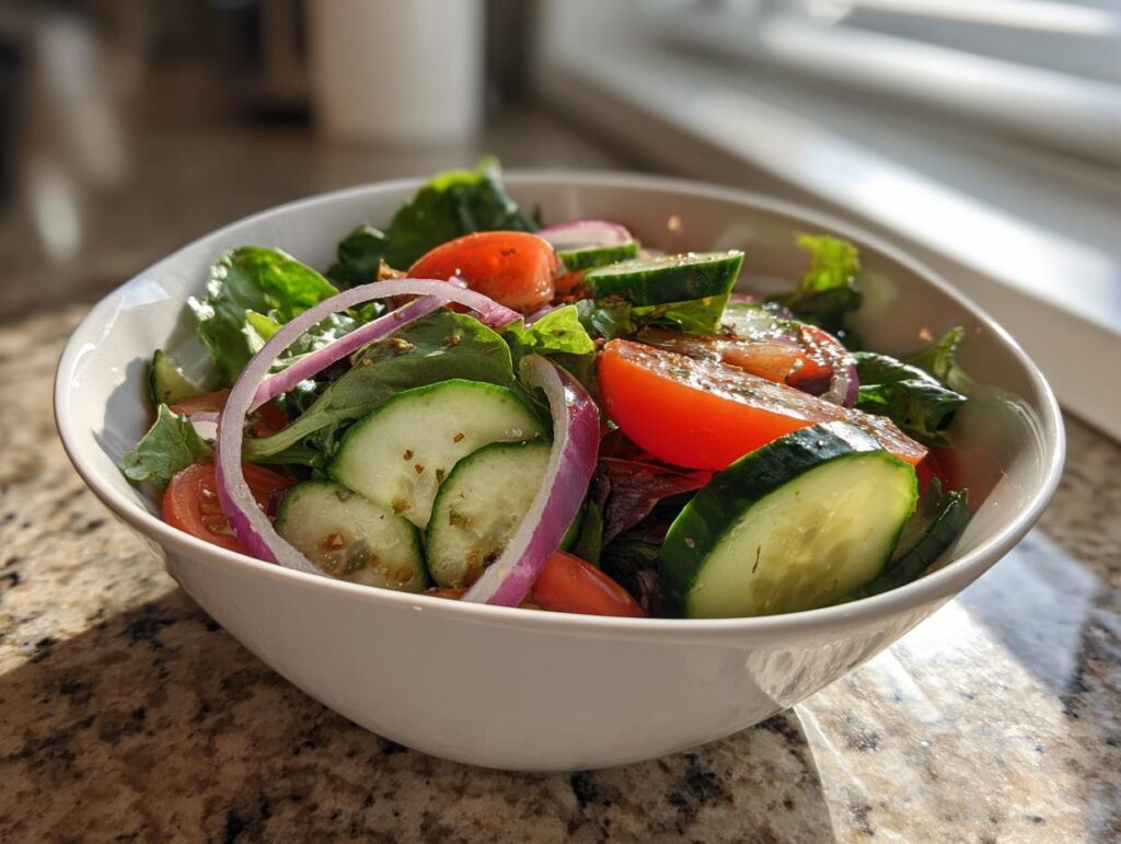 Bowl of fresh salad with cucumbers, tomatoes, red onions, and leafy greens for easy salad recipes