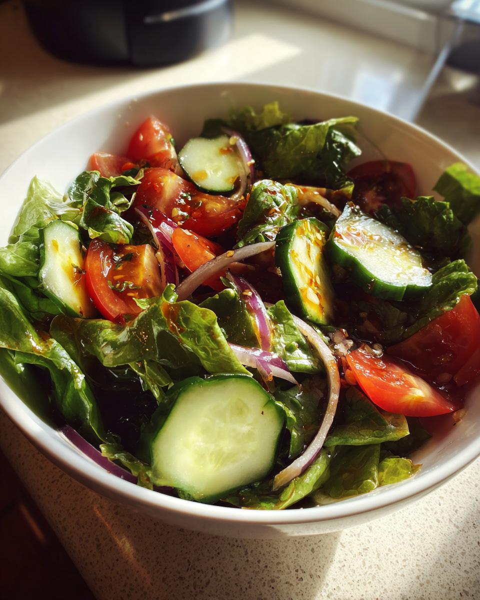 Bowl of fresh garden salad with lettuce, cucumber, tomato, and red onion for easy salad recipes
