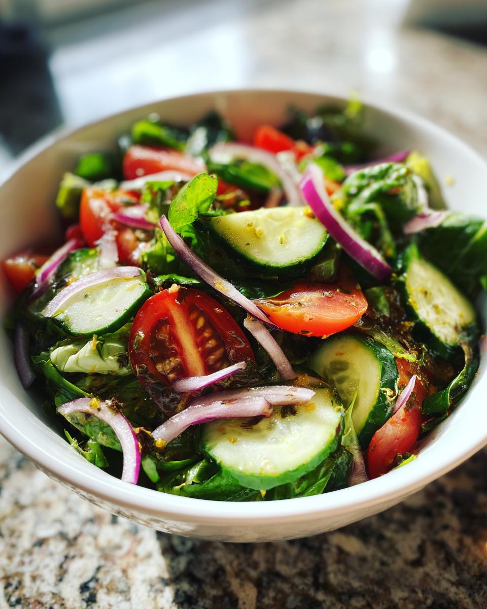 Bowl of fresh garden salad with cucumbers, tomatoes, red onions, and leafy greens for easy salad recipes
