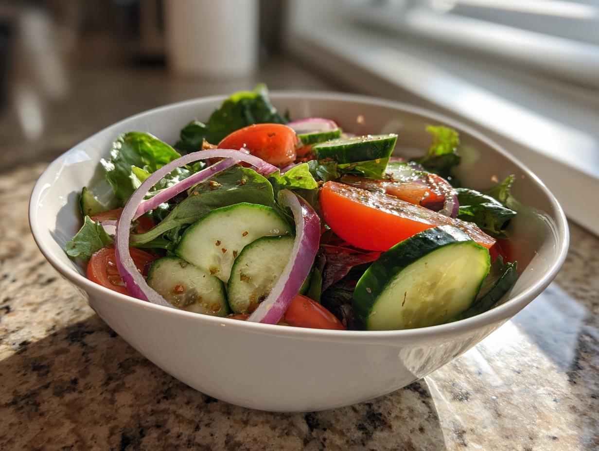 Bowl of fresh salad with cucumbers, tomatoes, red onions, and leafy greens for easy salad recipes