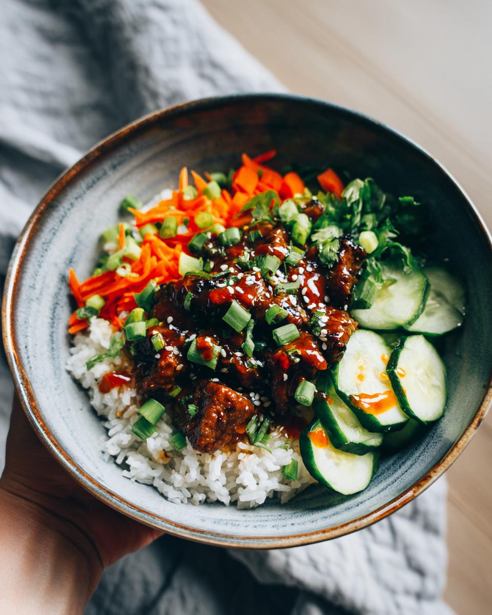 Rice bowl recipes with white rice, glazed meat, sliced cucumbers, shredded carrots, and green onions