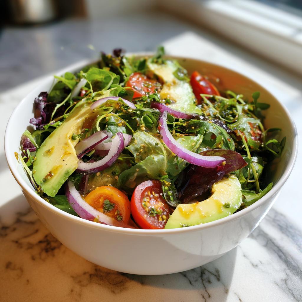Bowl of fresh salad with avocado, cherry tomatoes, red onion, and greens for light spring lunches