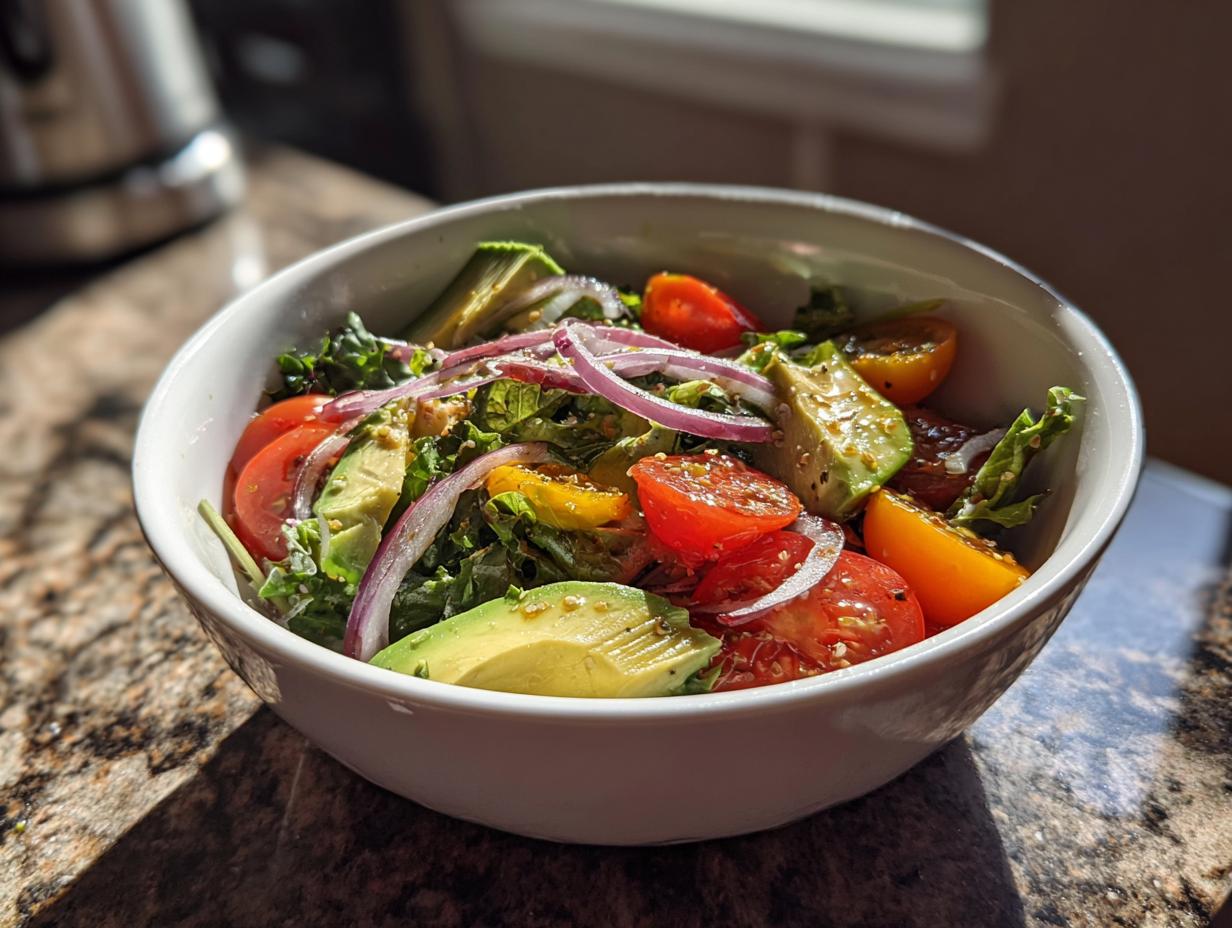 Bowl of fresh salad with avocado, cherry tomatoes, red onion, and greens for light spring lunches