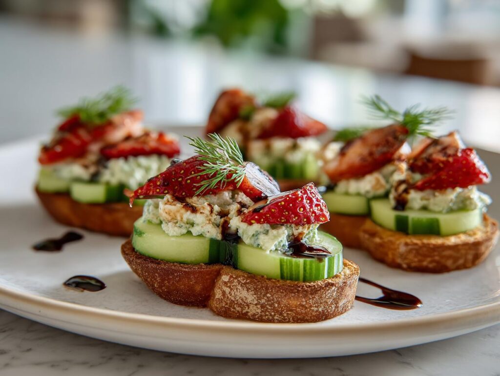 Fresh spring appetizers featuring cucumber slices, cream cheese, strawberries on toasted bread