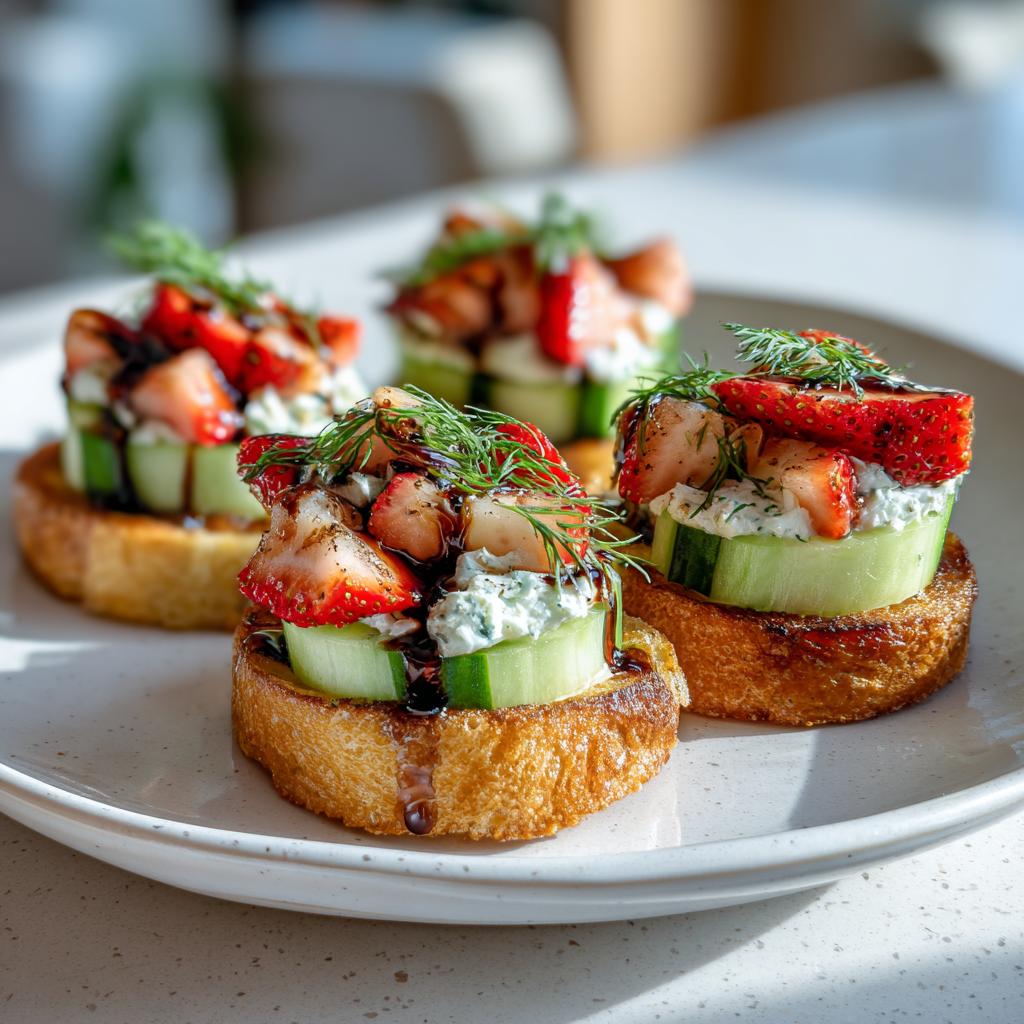 Fresh spring appetizers featuring toasted bread topped with cucumber, cream cheese, strawberries, dill, and balsamic glaze.