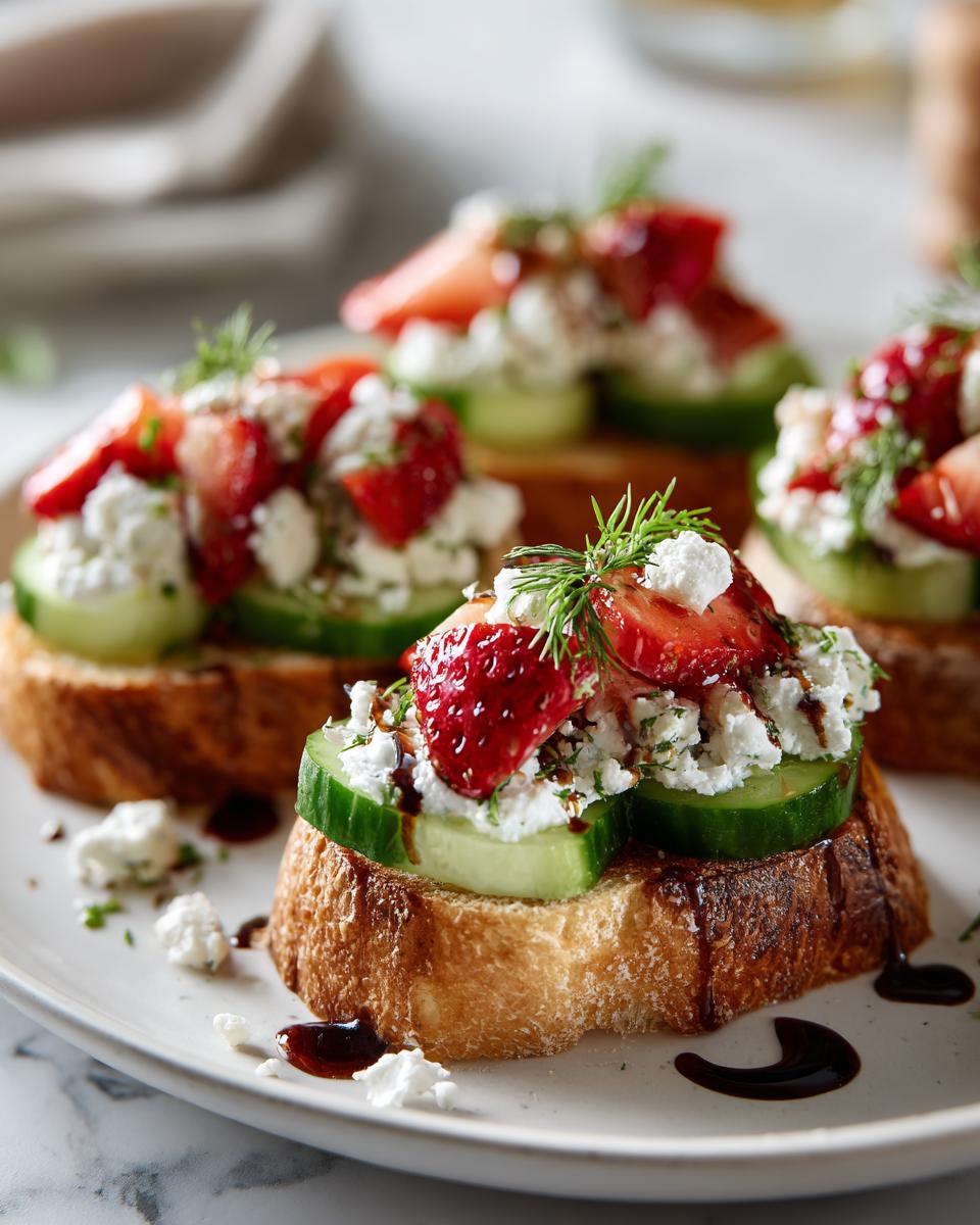 Fresh spring appetizers with cucumber slices, strawberries, cottage cheese on toasted bread drizzled with balsamic glaze