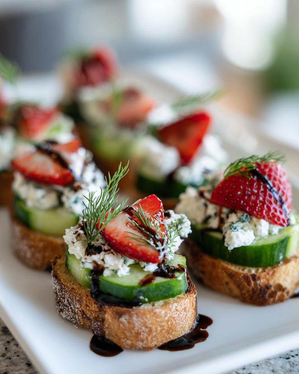 Fresh spring appetizers with cucumber, cheese, strawberries, dill, and balsamic glaze on toasted bread