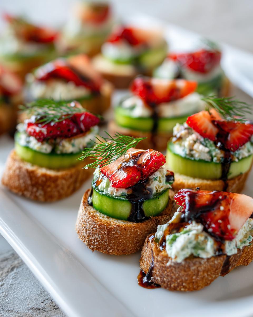 Fresh spring appetizers featuring bread slices topped with cucumber, creamy spread, strawberries, dill, and balsamic glaze.