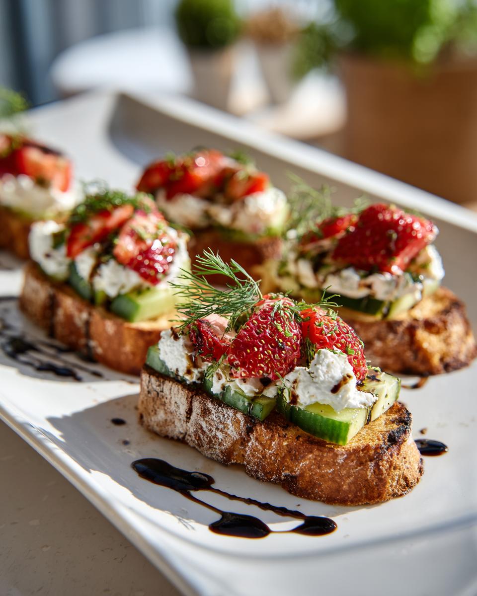 Toasted bread topped with cucumber, cream cheese, strawberries, dill, and balsamic drizzle fresh spring appetizers