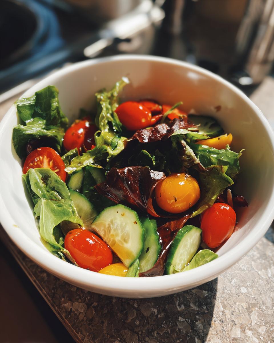 Bowl of fresh salad with cherry tomatoes, cucumber slices, and mixed greens for spring holiday recipes
