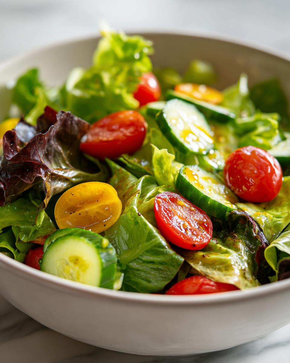Bowl of fresh spring salad with cherry tomatoes, cucumber slices, and mixed greens.