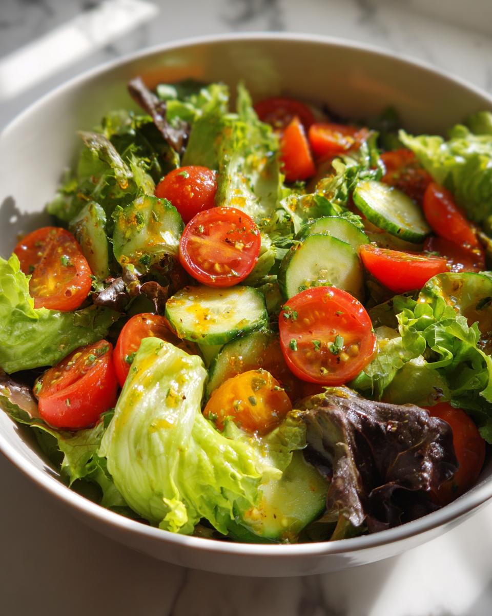 Bowl of fresh spring salad with cherry tomatoes, cucumbers, and leafy greens dressed with vinaigrette