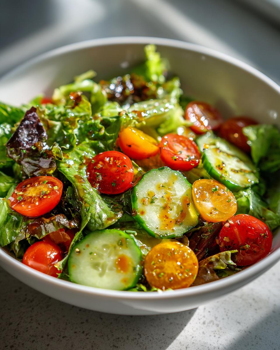 Bowl of fresh spring salad with lettuce, cherry tomatoes, cucumbers, and dressing for spring family meals