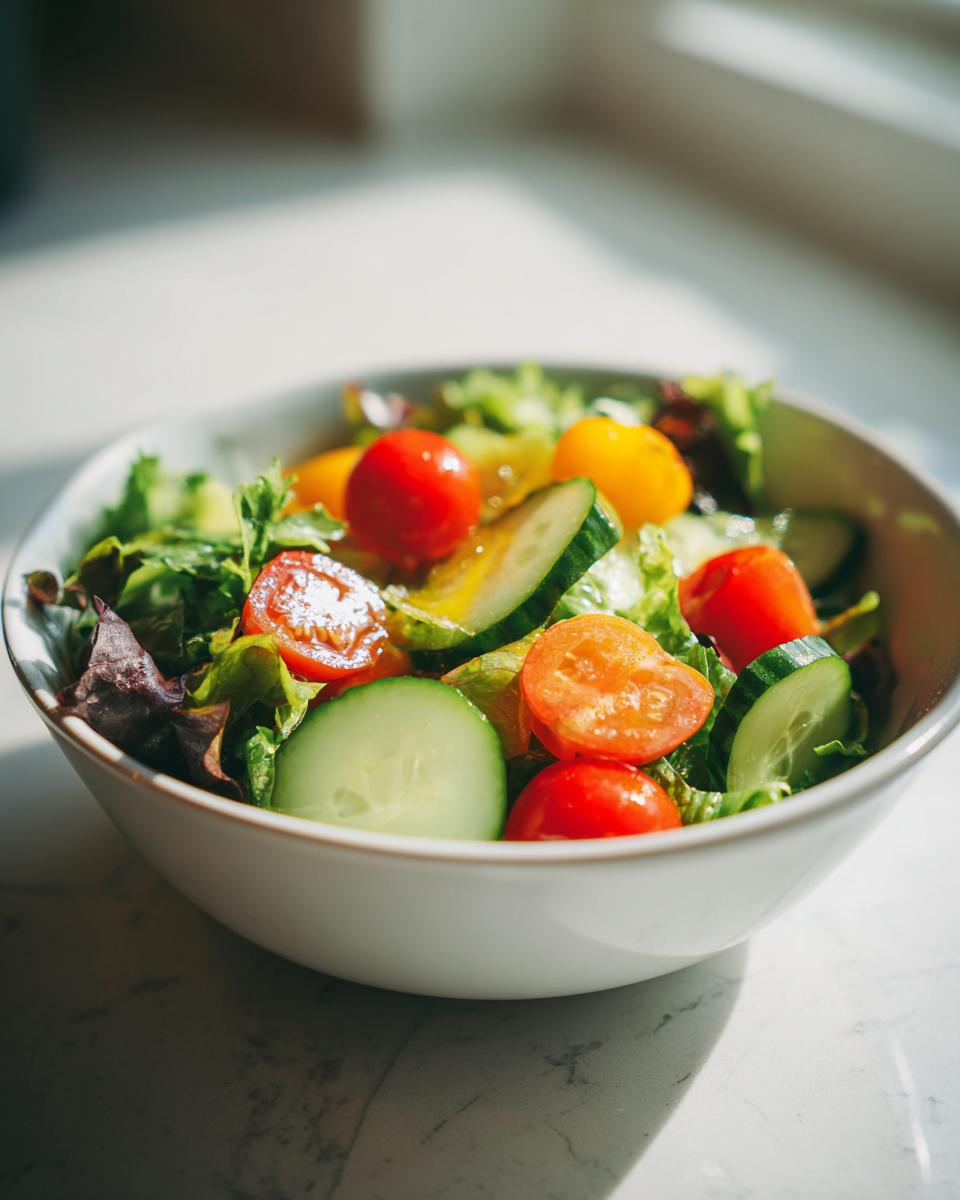 Bowl of fresh spring salad with cherry tomatoes, cucumber slices, and leafy greens.