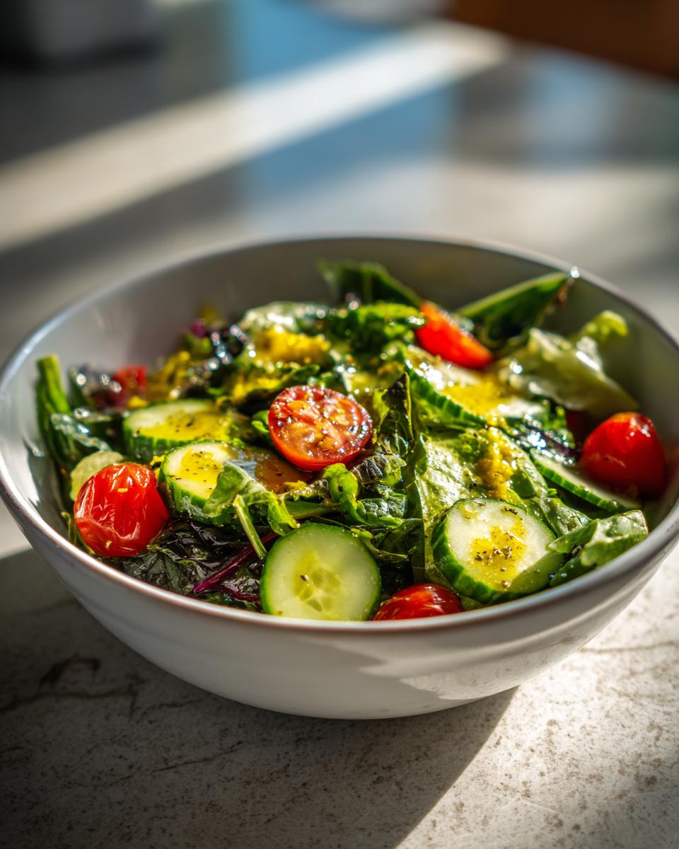 Bowl of fresh spring salad with cucumbers, cherry tomatoes, and leafy greens dressed with vinaigrette