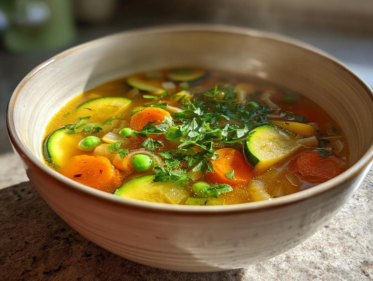 Bowl of spring soup recipes with zucchini, carrots, peas, and fresh herbs in broth.